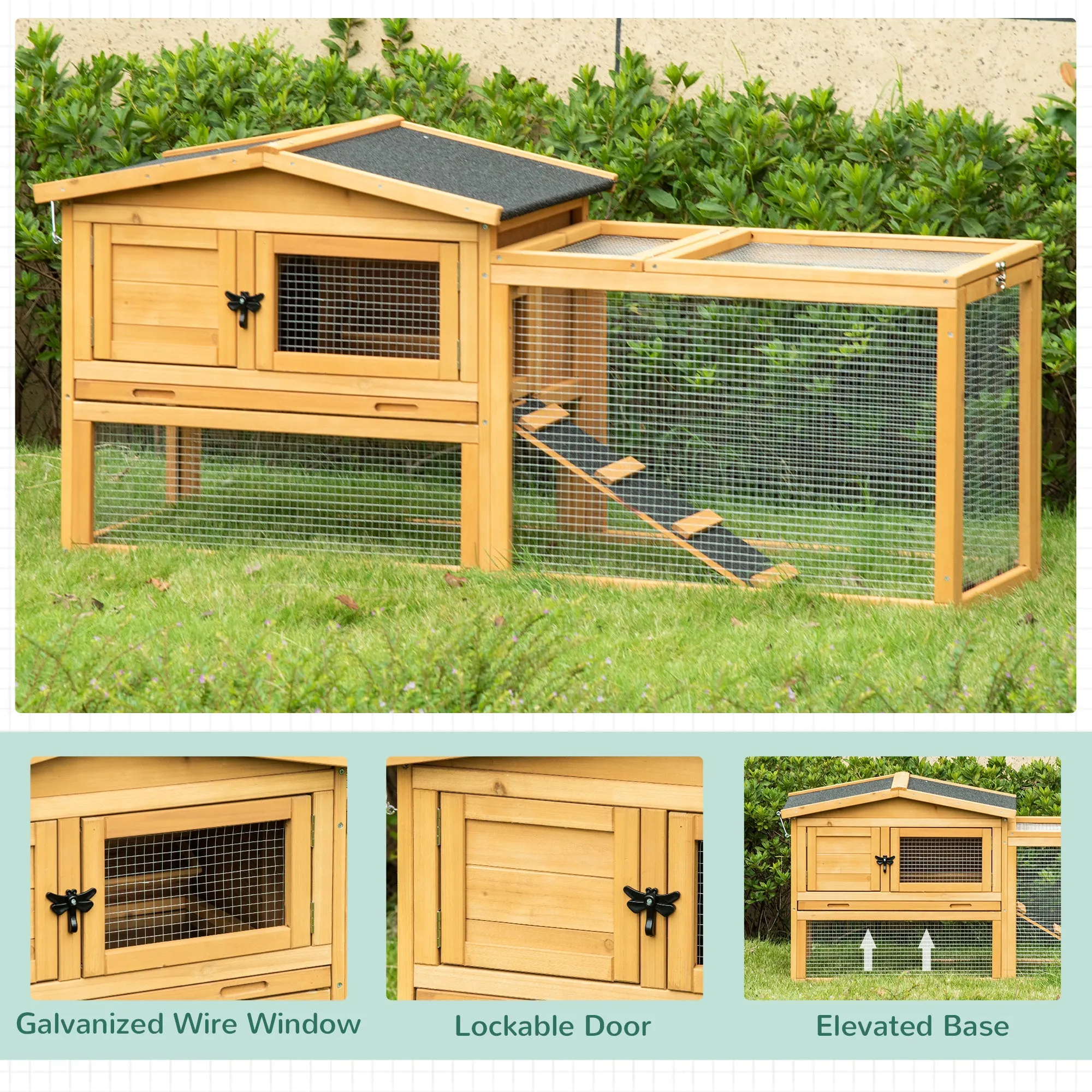 2 Level Wooden Rabbit Bunny Guinea Pig Hutch w/ Outdoor Run Water Resistant Roof Pull out Tray Ramp 150 x 52.5 x 68 cm, Yellow