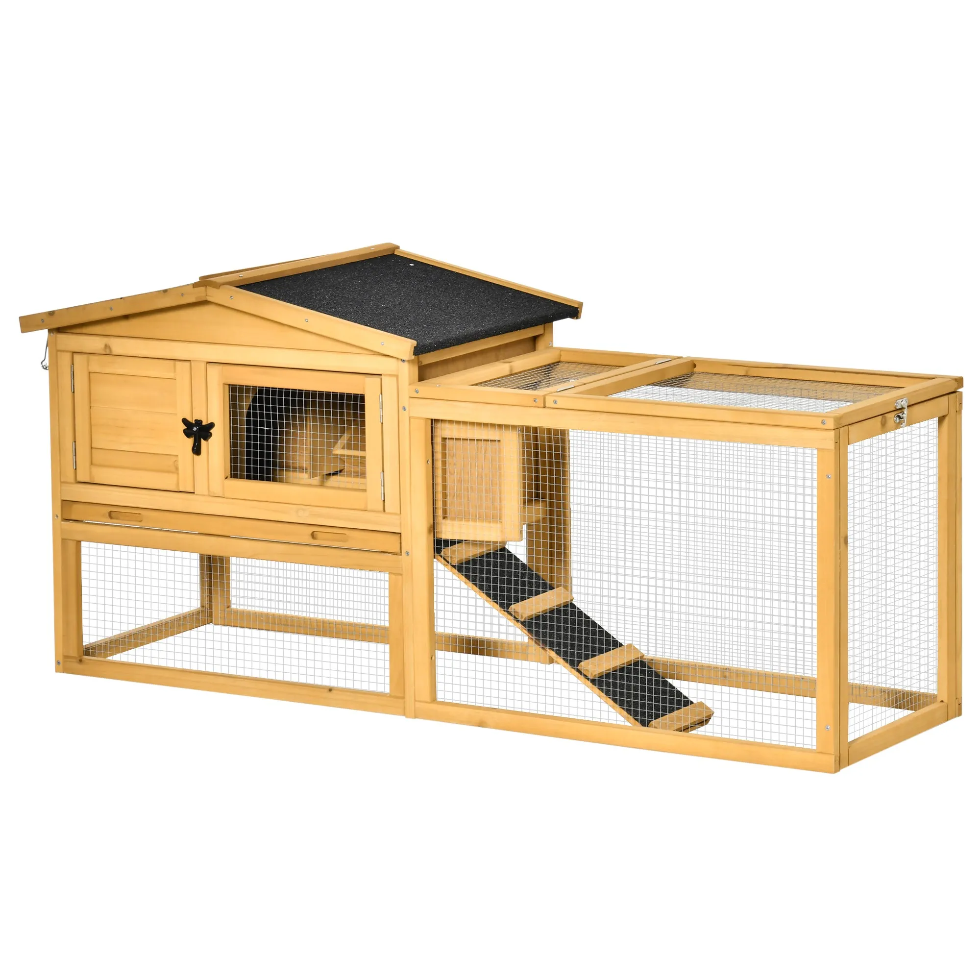 2 Level Wooden Rabbit Bunny Guinea Pig Hutch w/ Outdoor Run Water Resistant Roof Pull out Tray Ramp 150 x 52.5 x 68 cm, Yellow