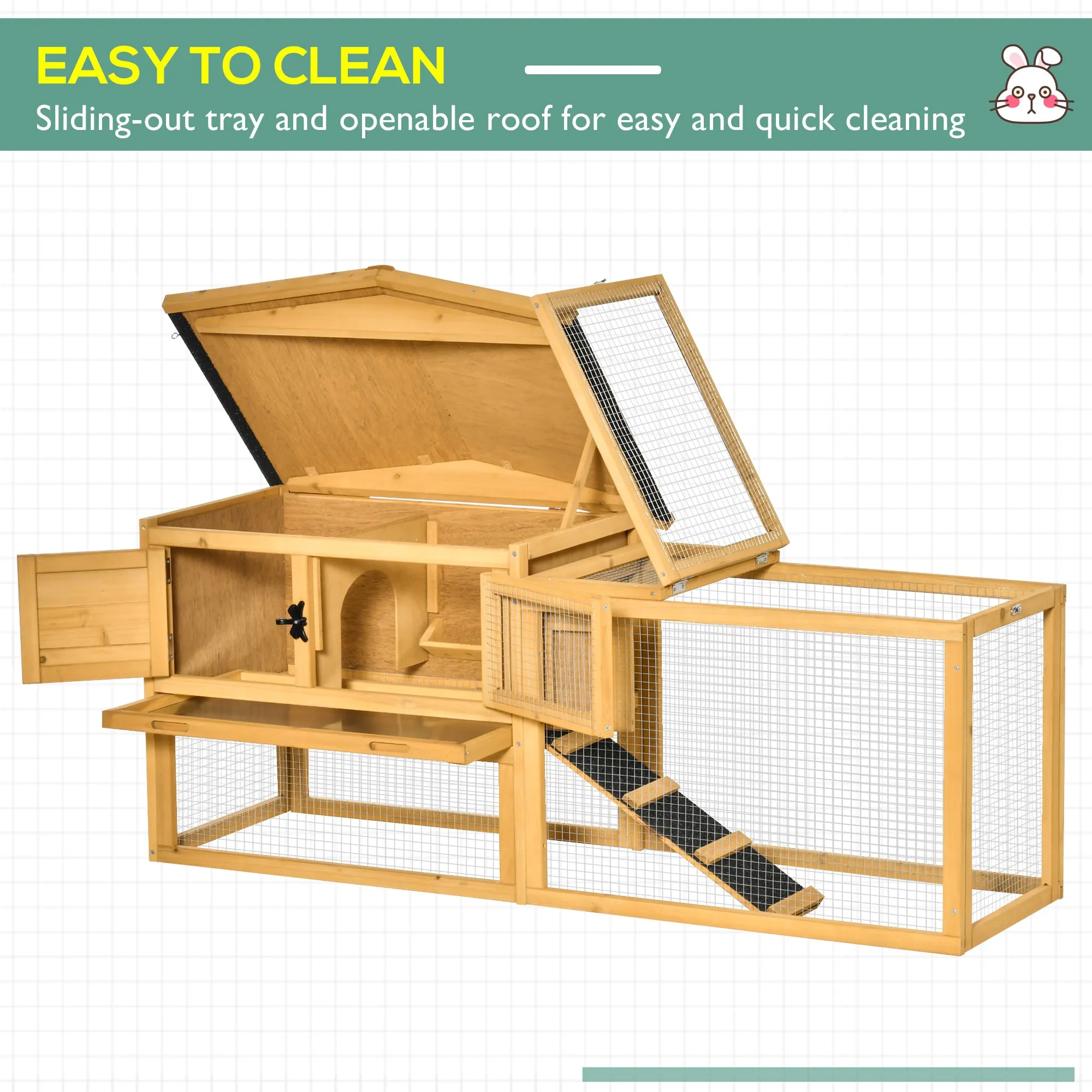 2 Level Wooden Rabbit Bunny Guinea Pig Hutch w/ Outdoor Run Water Resistant Roof Pull out Tray Ramp 150 x 52.5 x 68 cm, Yellow