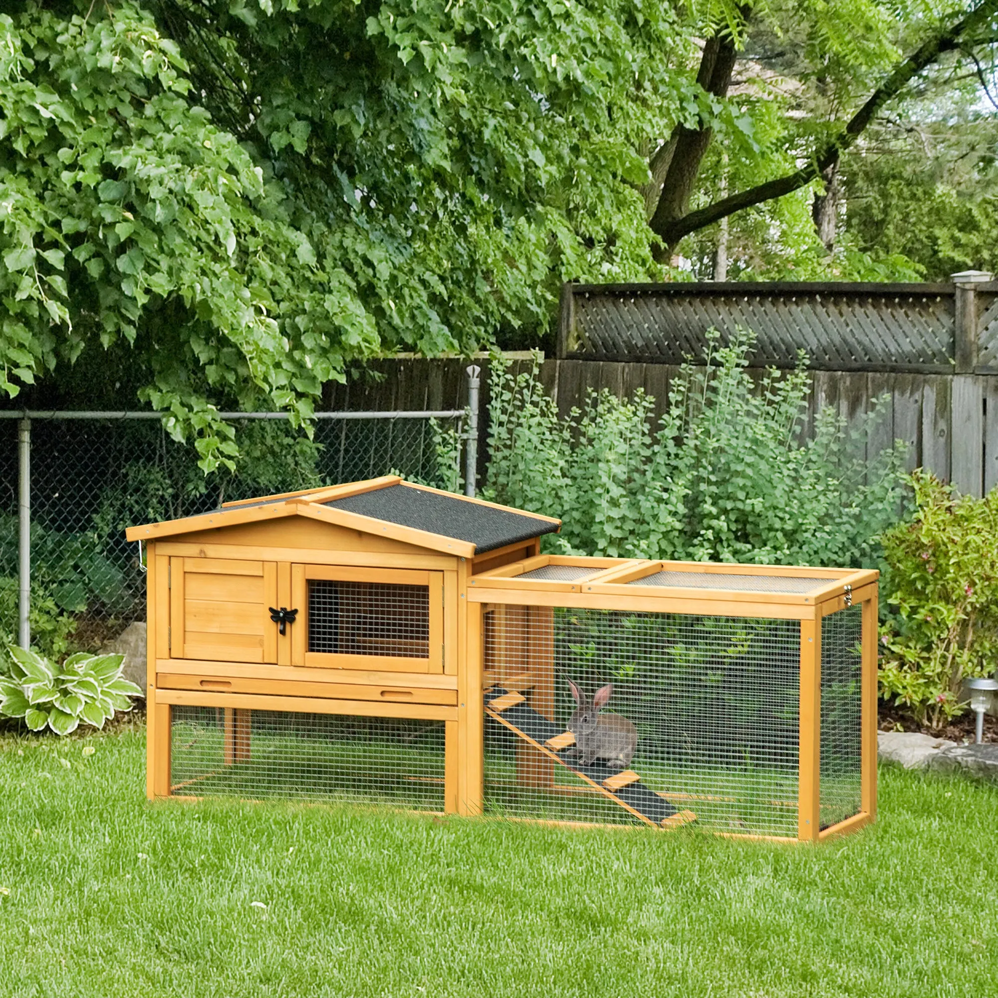 2 Level Wooden Rabbit Bunny Guinea Pig Hutch w/ Outdoor Run Water Resistant Roof Pull out Tray Ramp 150 x 52.5 x 68 cm, Yellow