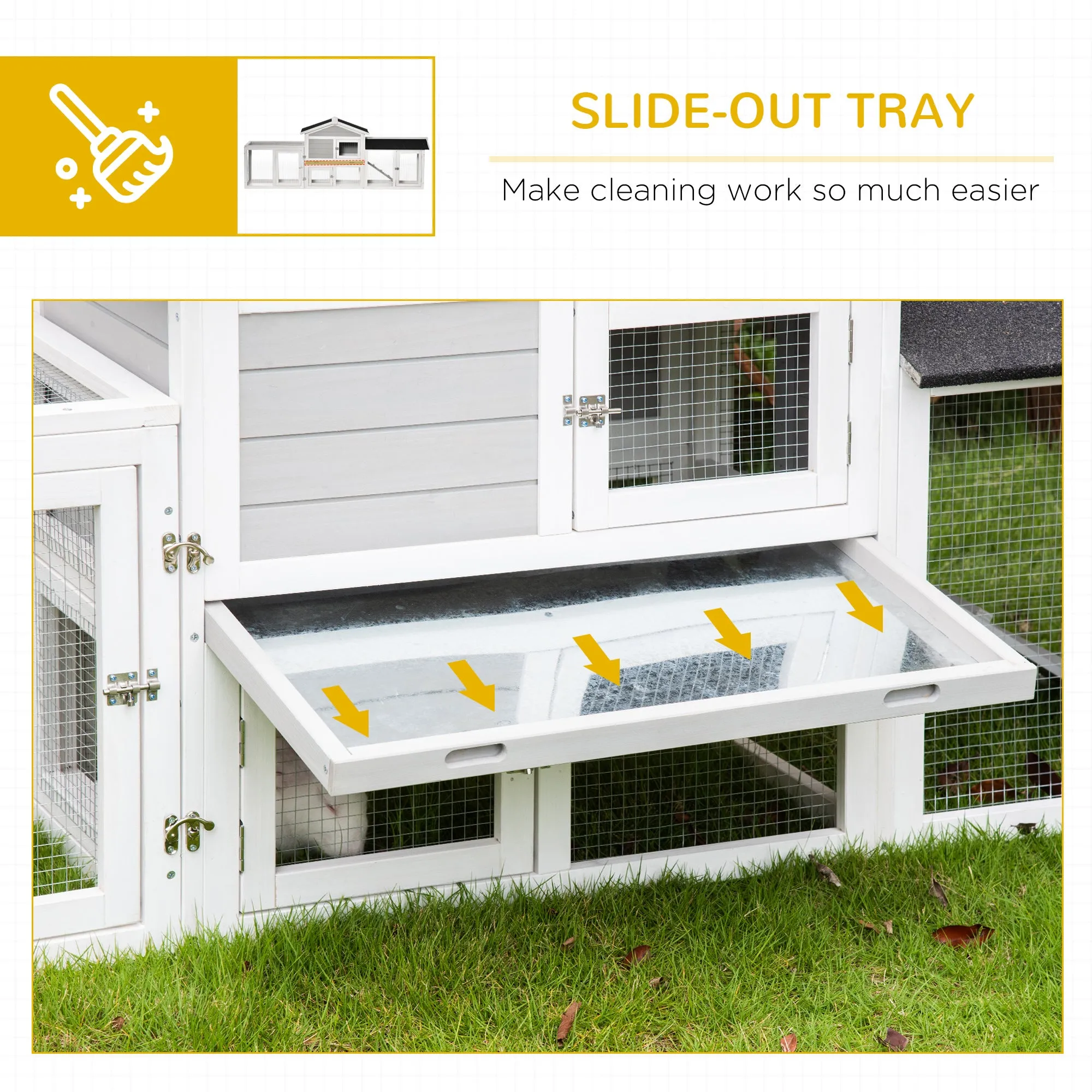 2 Tier Wooden Rabbit Hutch Small Pet House Bunny Run Cage with Pull Out Tray Ramps Lockable Doors Large Run Area Asphalt Roof for Outdoor Grey