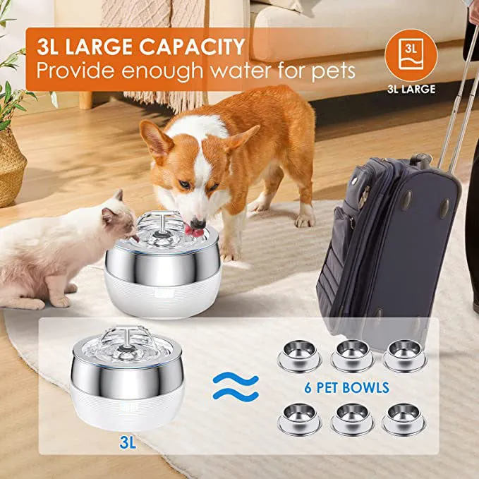 3L Automatic Pet Water Fountain, Stainless Steel, BPA-Free