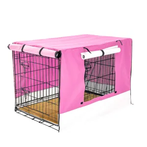 42in Collapsible Wire Dog Crate with Tray, Cushion & Pink Cover