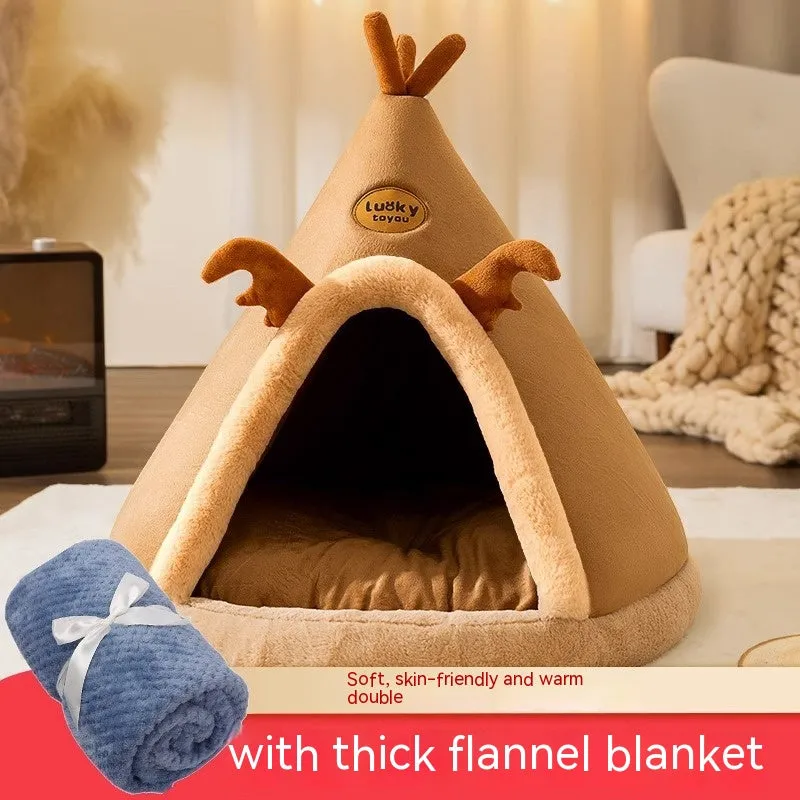 Christmas Autumn And Winter Dog Elk Tent Mongolian Bag Kennel Warm Thickened Closed Cat Nest Pet Bed