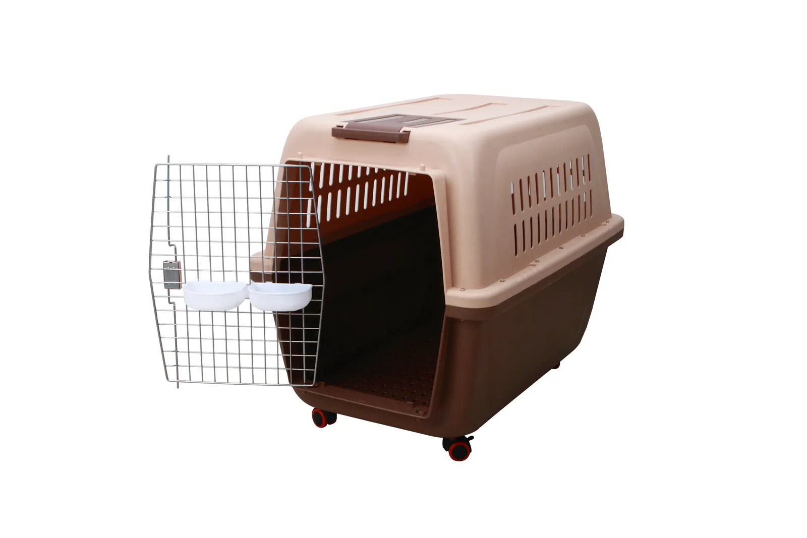 Durable Plastic Pet Carrier Cage with Wheels, 2 Bowls - YES4PETS