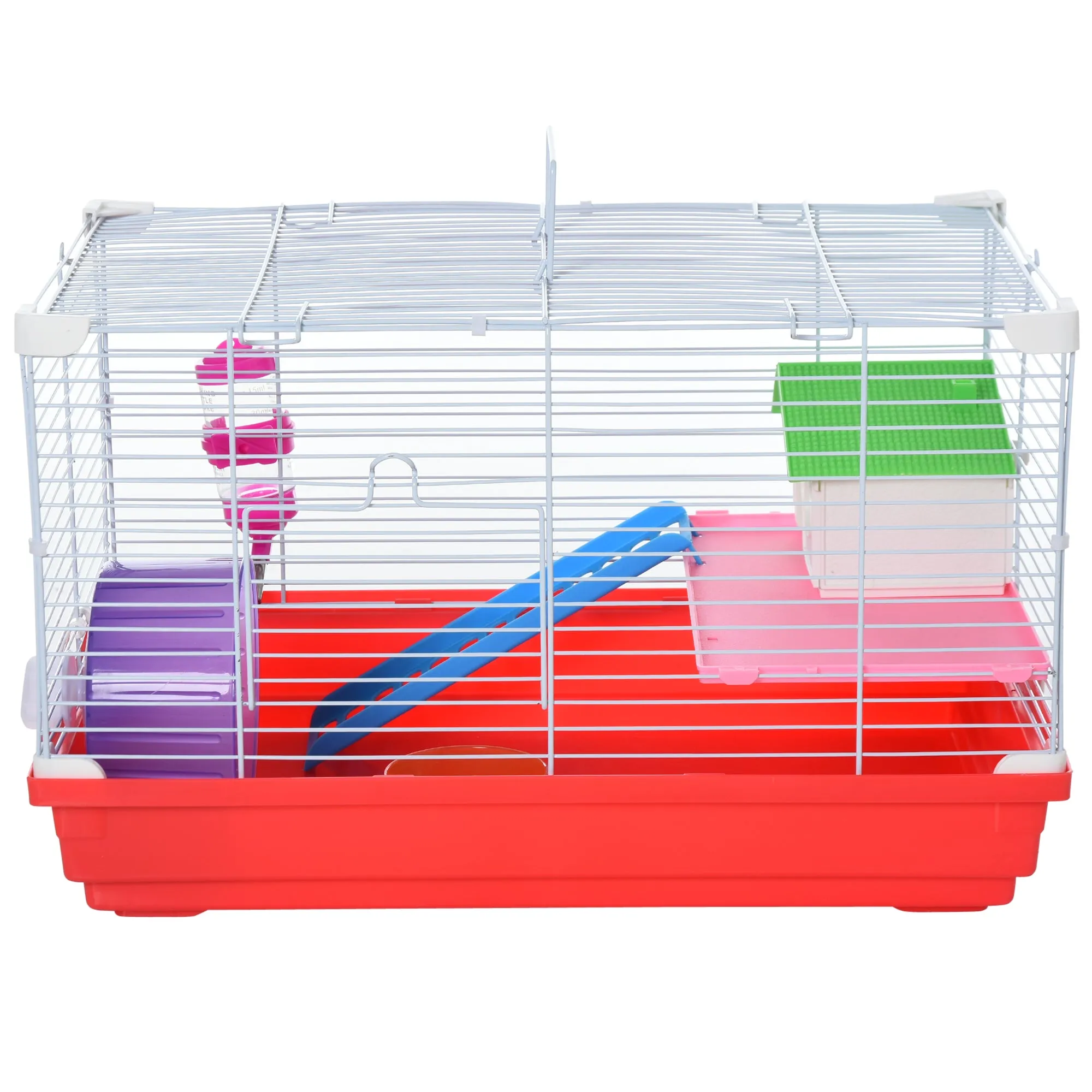 Dwarf Hamster Metal Cage w/ Tunnels Exercise Wheel Water Bottle Dishes Red and White