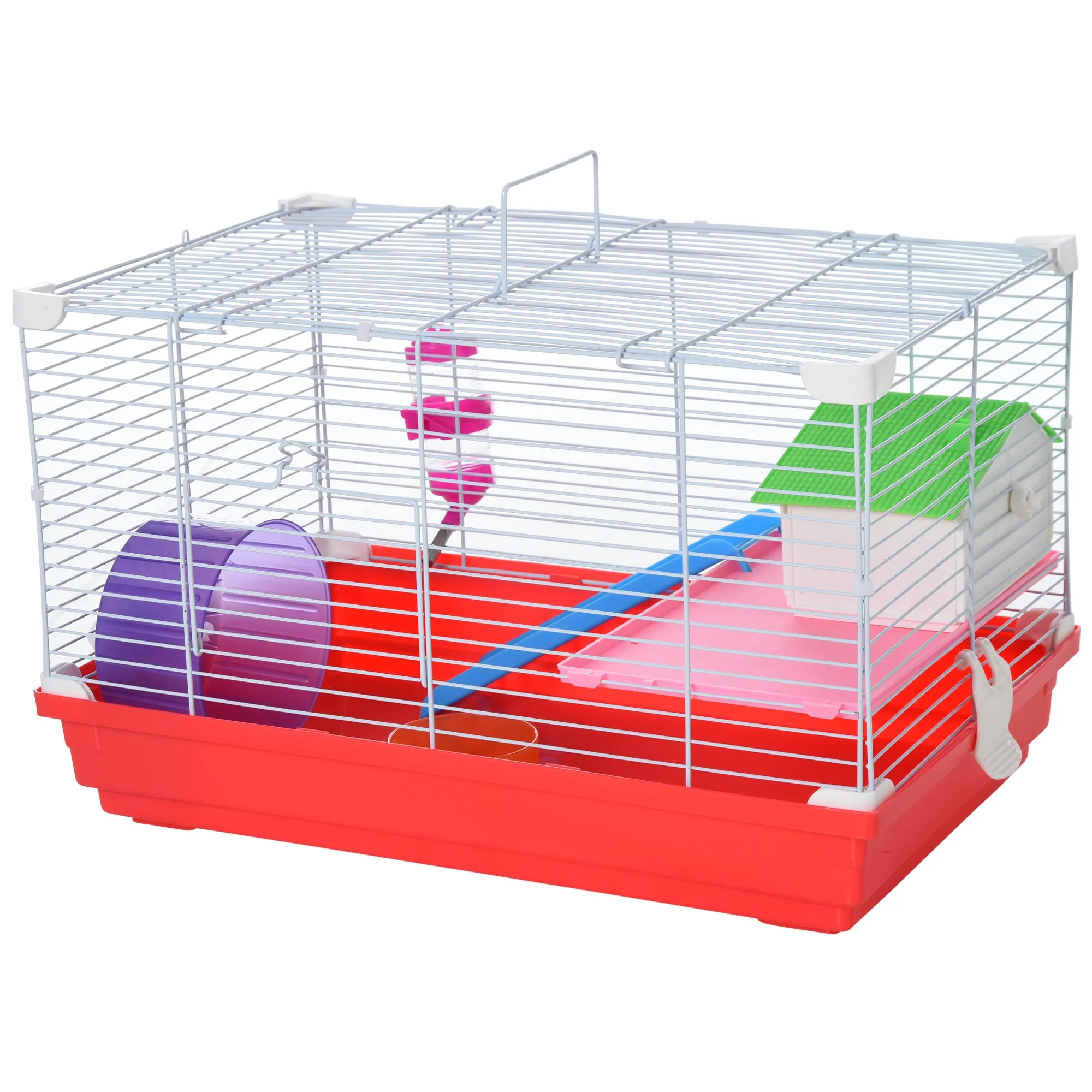 Dwarf Hamster Metal Cage w/ Tunnels Exercise Wheel Water Bottle Dishes Red and White