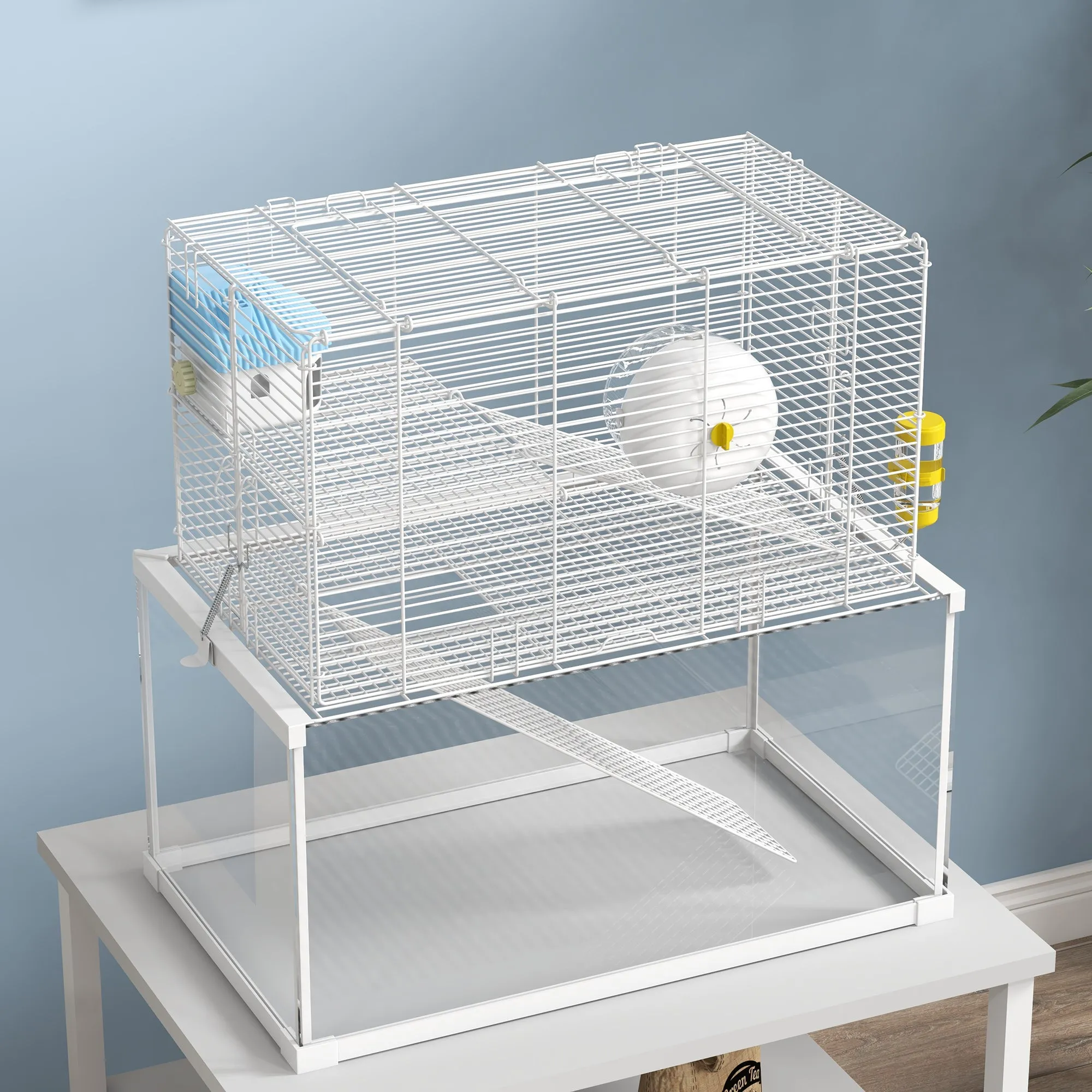 Gerbil Cage, Dwarf Hamster Cage w/ Deep Glass Bottom, Ramps Platforms Hut Exercise Wheel Water Bottle - White