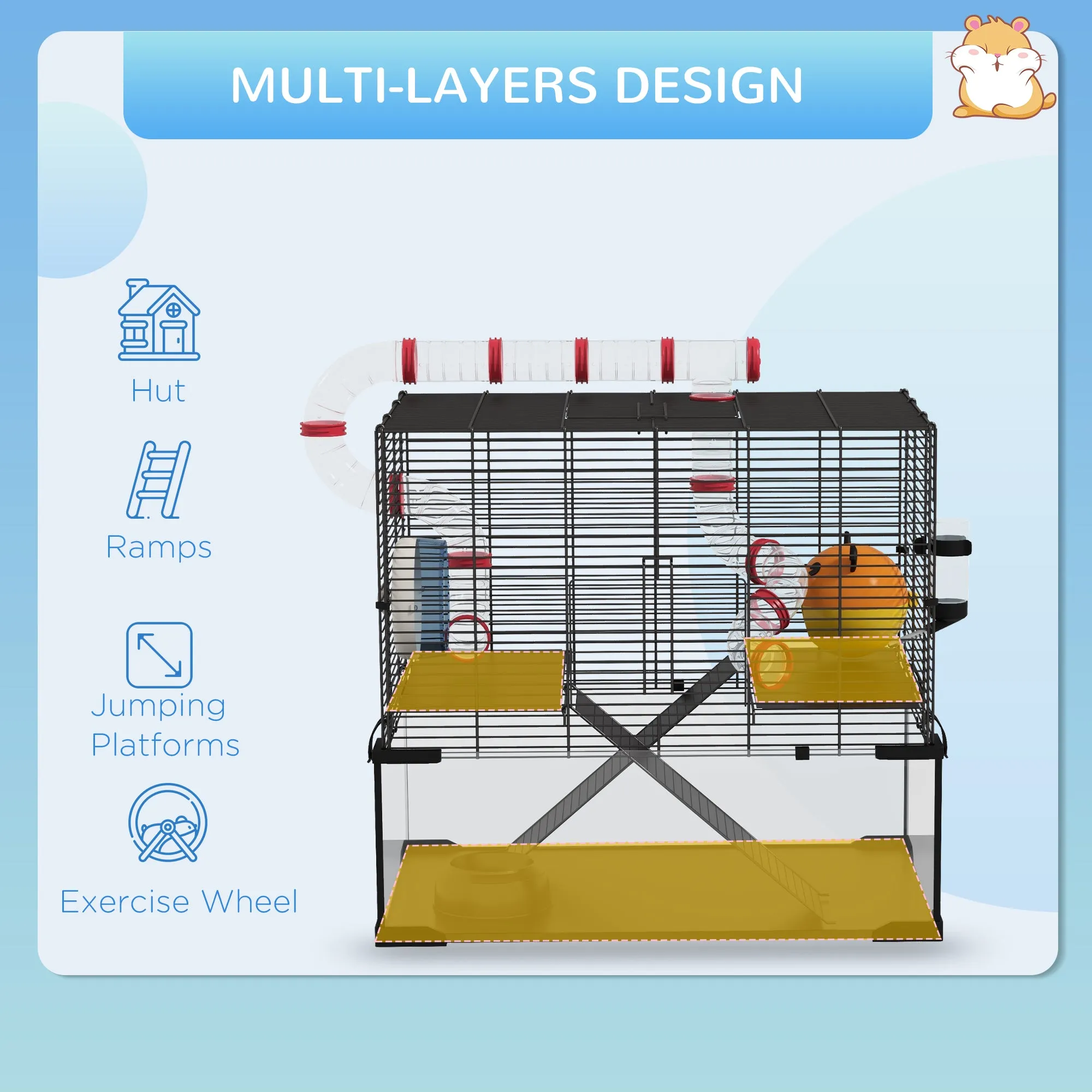 Gerbil Cage Dwarf Hamster Cage, with Deep Glass Bottom, Tunnels, Hut, Exercise Wheel, 60 x 40 x 57cm