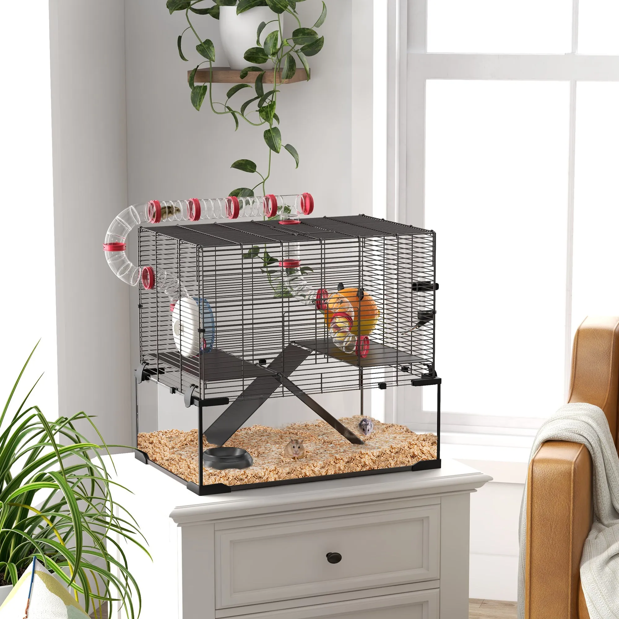 Gerbil Cage Dwarf Hamster Cage, with Deep Glass Bottom, Tunnels, Hut, Exercise Wheel, 60 x 40 x 57cm