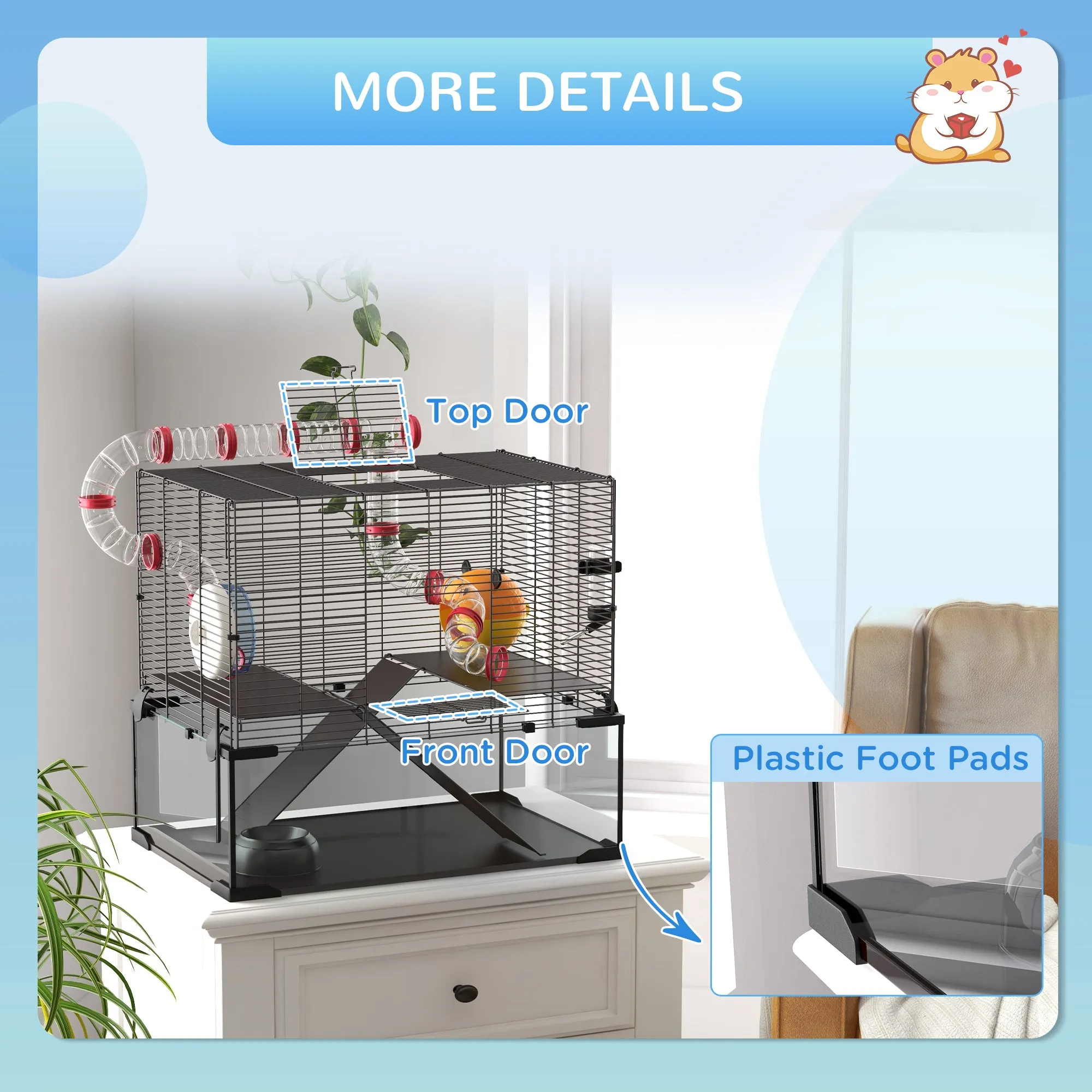 Gerbil Cage Dwarf Hamster Cage, with Deep Glass Bottom, Tunnels, Hut, Exercise Wheel, 60 x 40 x 57cm