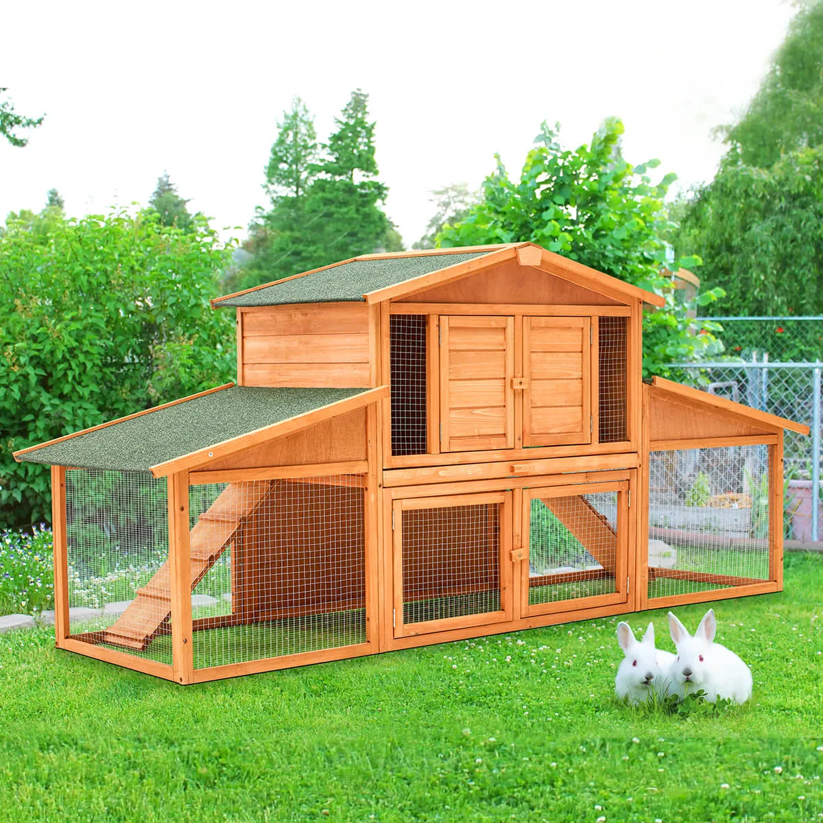 HOMREST 89" Outdoors Wooden Two-layers Rabbit Hutch with Removable Tray Double Ramps