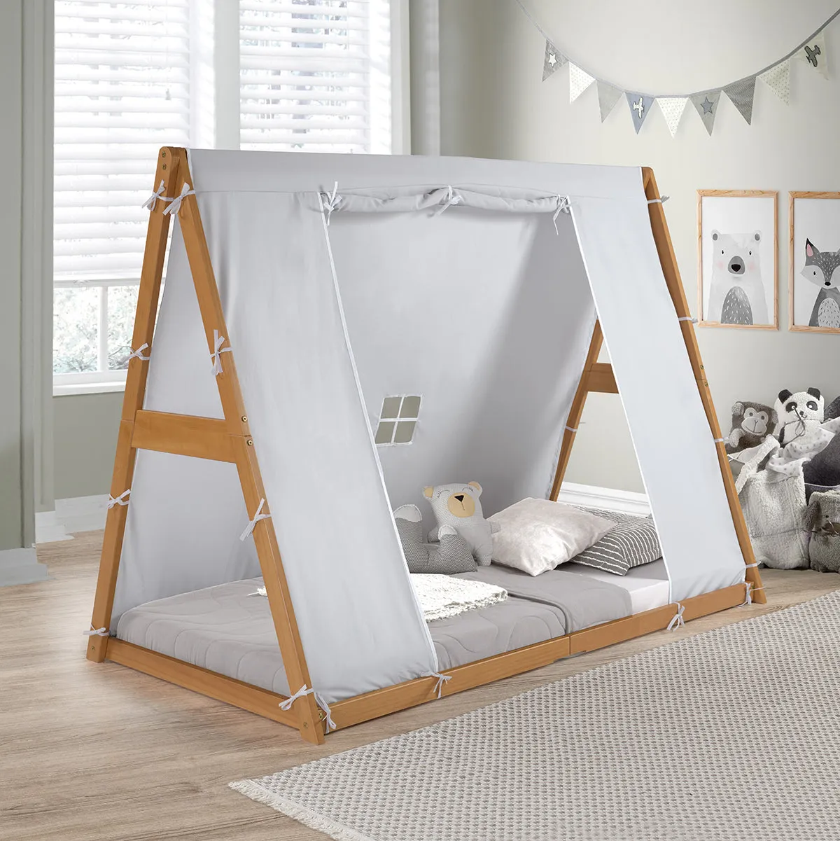 Kid's Tent Twin Floor Bed  –  Grey Tent with Natural Frame