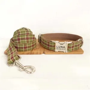 Personalized ID Tag Green & Brown Plaid Pet Collar & Leash