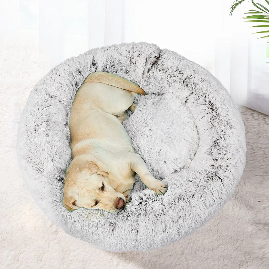 Pet Bed Cat Dog Donut Nest Calming Mat Soft Plush Kennel White with Coffee Hint M