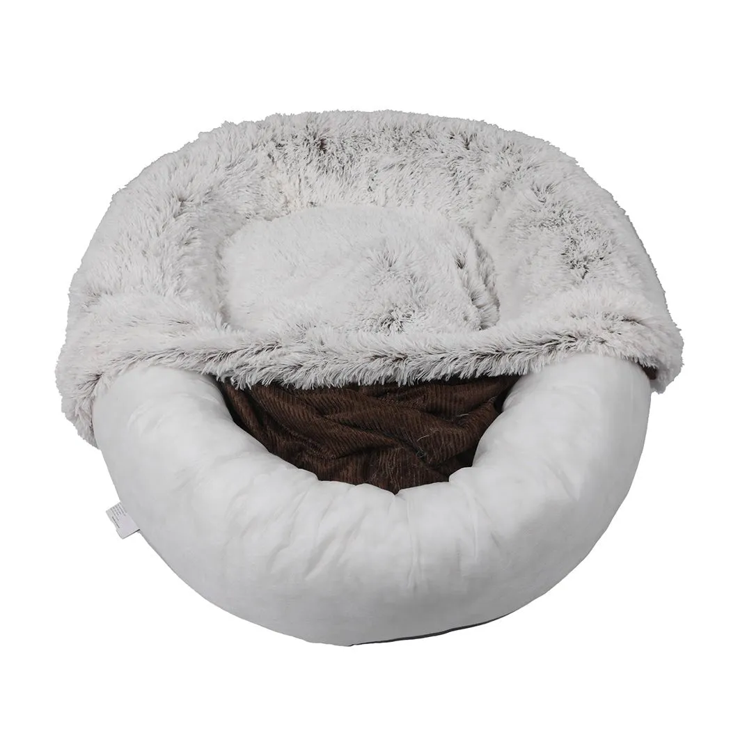 Pet Bed Cat Dog Donut Nest Calming Mat Soft Plush Kennel White with Coffee Hint M