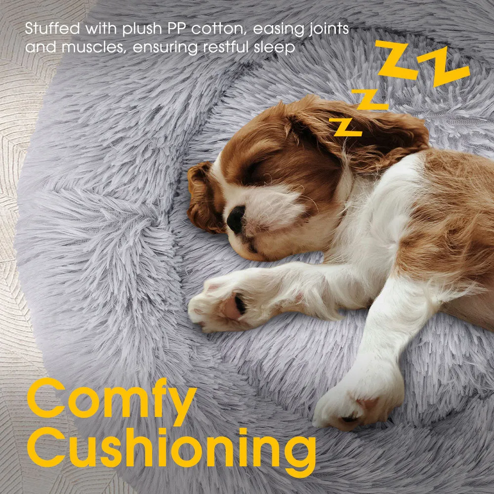 Petzly Dog Cat Calming Bed Warm Soft Plush Round Waterproof 100CM Bed Light Grey