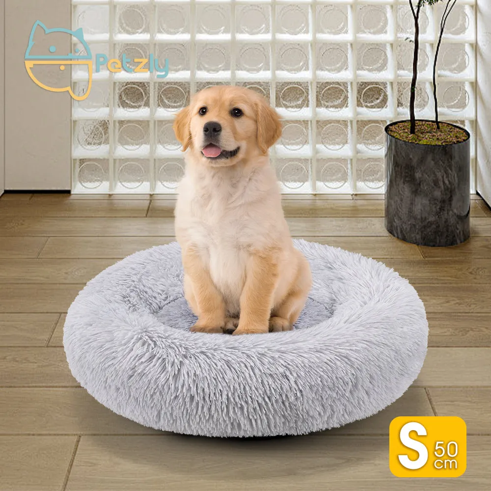 Petzly Dog Cat Calming Bed Warm Soft Plush Round Waterproof 50CM Bed Light Grey