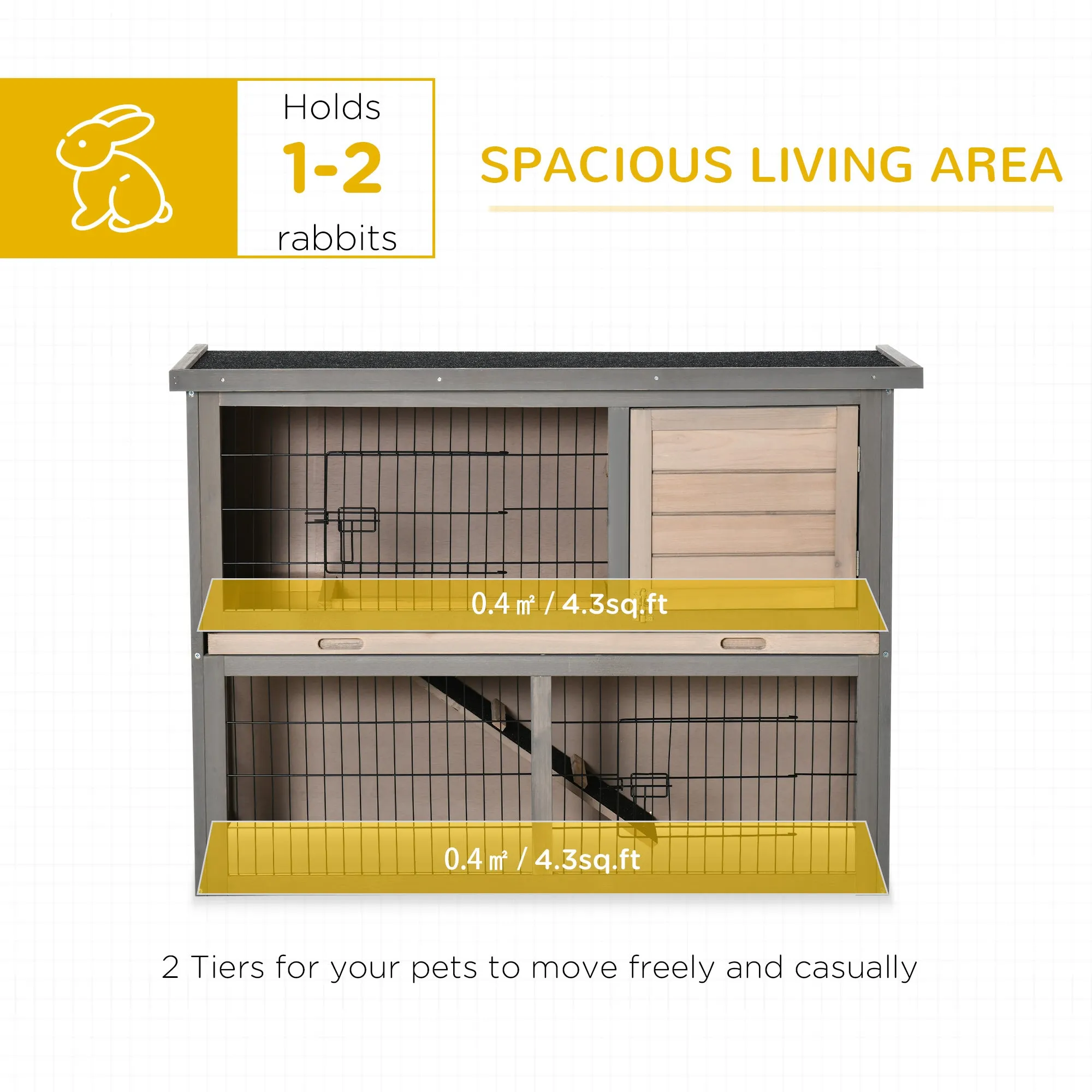 Rabbit Hutch Bunny Cage Small Animal House with Sliding Tray, Run, Openable Top, Ramp, for Indoor Outdoor, Grey 108x45x78 cm