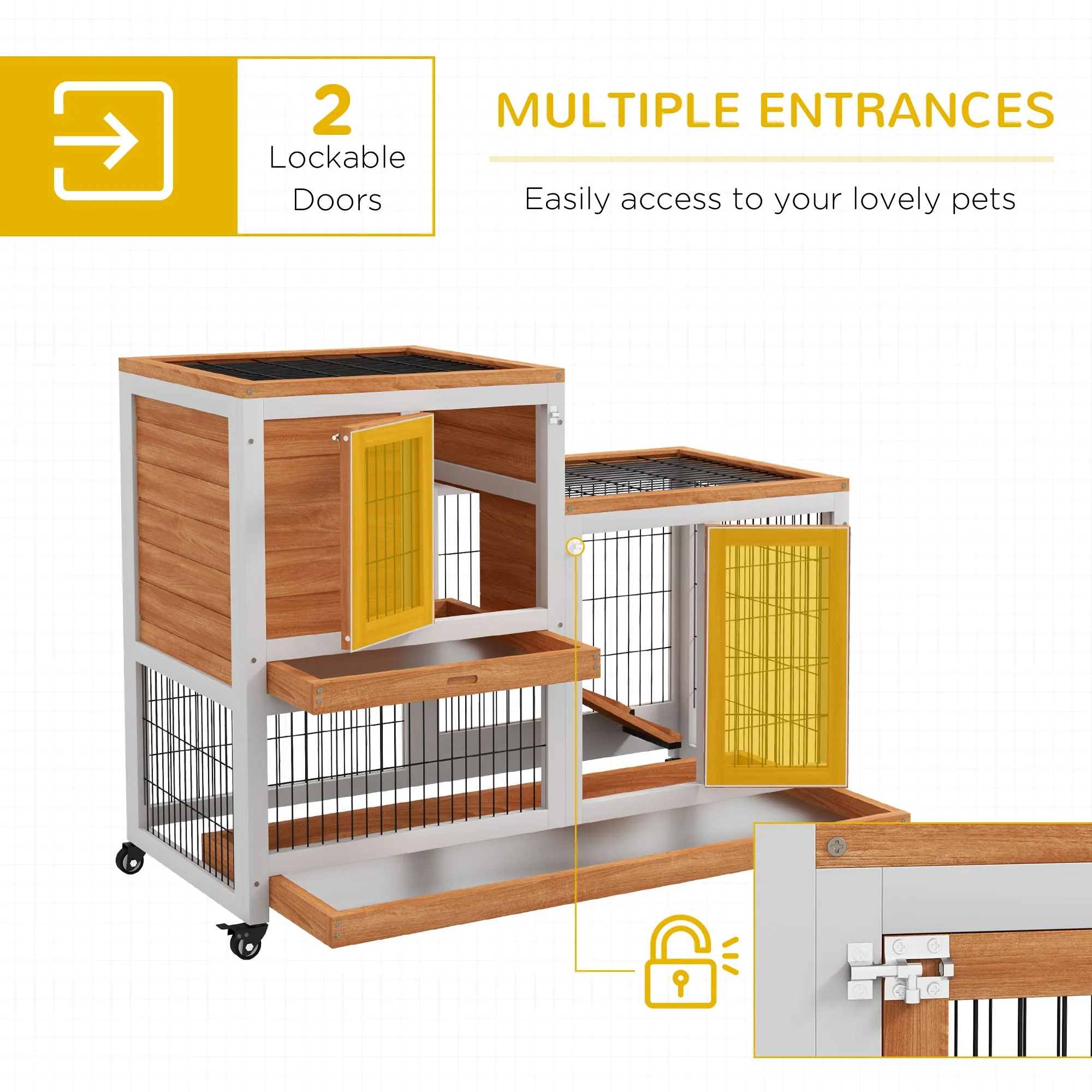 Wooden Indoor Rabbit Hutch Elevated Bunny Cage w/ Enclosed Run Wheel