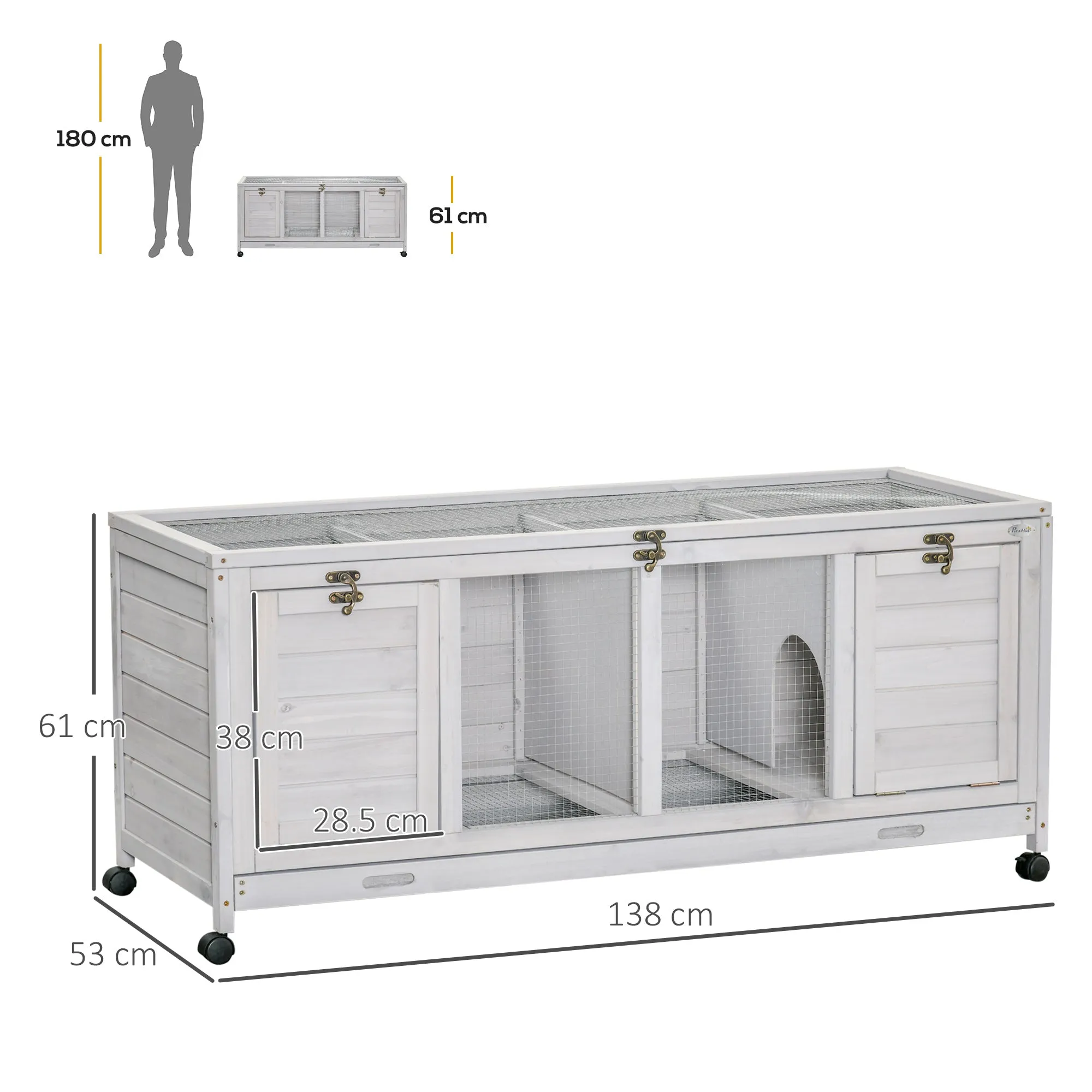 Wooden Rabbit Hutch, Mobile Guinea Pig Cage, Separable Bunny Run, Small Animal House with Wheels, Slide-out Tray, 138 x 53 x 61cm, Grey